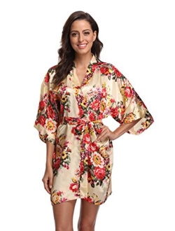 Floral Robes for Women Bride Bridesmaid Short Kimono Robe Satin Dressing Gown for Wedding Party