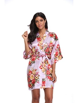 Floral Robes for Women Bride Bridesmaid Short Kimono Robe Satin Dressing Gown for Wedding Party