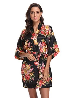 Floral Robes for Women Bride Bridesmaid Short Kimono Robe Satin Dressing Gown for Wedding Party