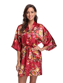 Floral Robes for Women Bride Bridesmaid Short Kimono Robe Satin Dressing Gown for Wedding Party