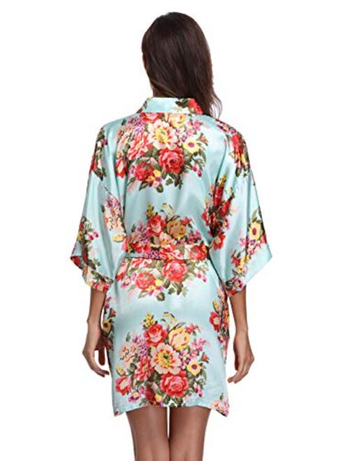 Floral Robes for Women Bride Bridesmaid Short Kimono Robe Satin Dressing Gown for Wedding Party