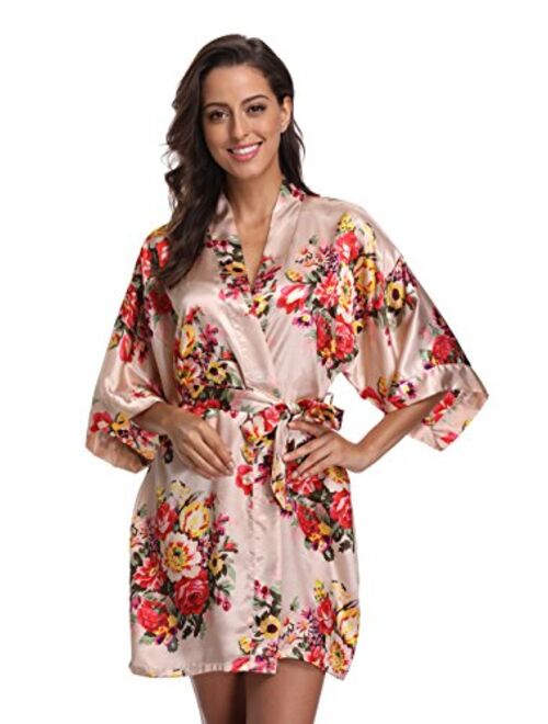 Floral Robes for Women Bride Bridesmaid Short Kimono Robe Satin Dressing Gown for Wedding Party