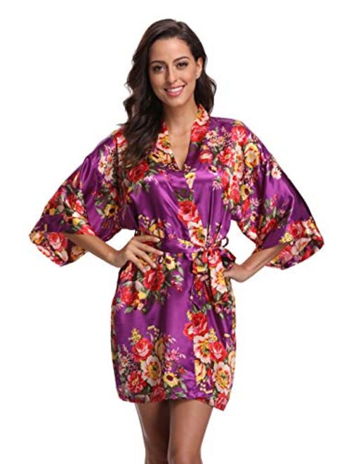 Floral Robes for Women Bride Bridesmaid Short Kimono Robe Satin Dressing Gown for Wedding Party