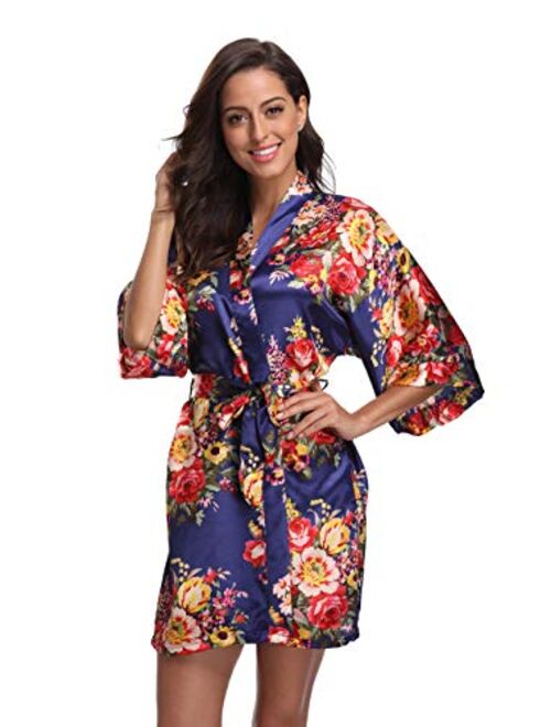 Floral Robes for Women Bride Bridesmaid Short Kimono Robe Satin Dressing Gown for Wedding Party