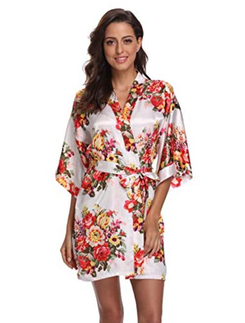 Floral Robes for Women Bride Bridesmaid Short Kimono Robe Satin Dressing Gown for Wedding Party