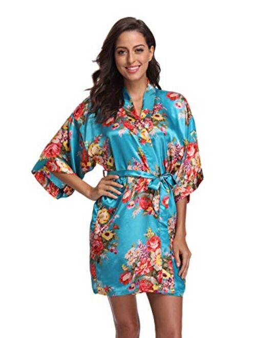 Floral Robes for Women Bride Bridesmaid Short Kimono Robe Satin Dressing Gown for Wedding Party