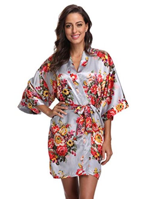 Floral Robes for Women Bride Bridesmaid Short Kimono Robe Satin Dressing Gown for Wedding Party