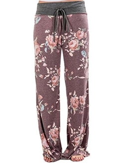 X-Image Women's Comfy Casual Lounge Pants Floral Print Drawstring Palazzo Wide Leg Pajama Pants