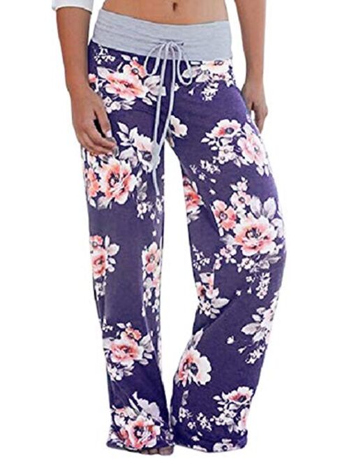 X-Image Women's Comfy Casual Lounge Pants Floral Print Drawstring Palazzo Wide Leg Pajama Pants