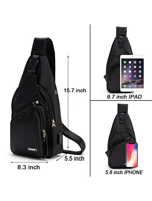 Men's Sling Bag Water Resistant Shoulder Chest Crossbody Bags Sling Backpack with USB Charging Port