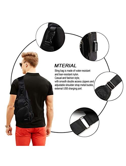 Men's Sling Bag Water Resistant Shoulder Chest Crossbody Bags Sling Backpack with USB Charging Port