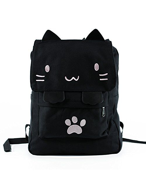 Black College Cute Cat Embroidery Canvas School Backpack Bags for Kids Kitty