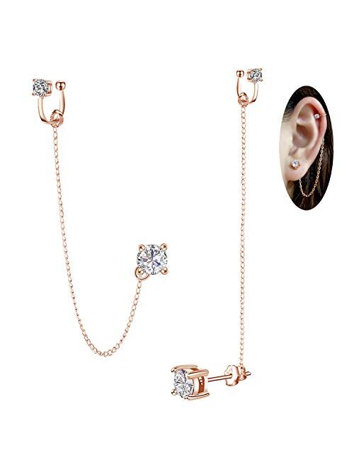 ELEDUCTMON Cubic Zirconia Crystal Ear Cuff Earrings Chain Sterling Silver Hypoallergenic Cubic Zirconia Earrings Rhinestones Drop Dangle Earrings 2 in 1 earrings Piercing