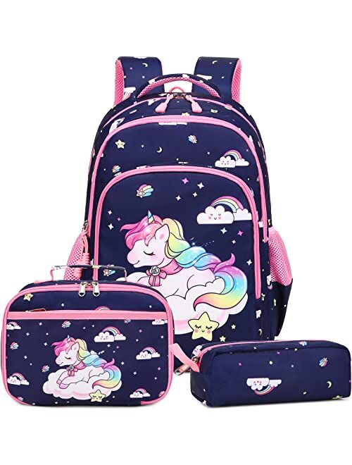 Meisohua Teen Girls Backpack Set Kids School Bookbag with Lunch Tote Bag Pencil Case Cute Unicorn School Backpacks