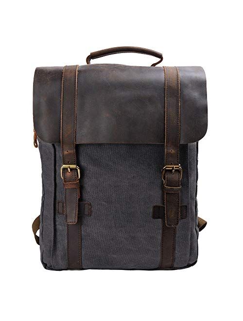 S-ZONE Vintage Canvas Leather Backpack 15.6 Inch Laptop School Bag Travel Rucksack