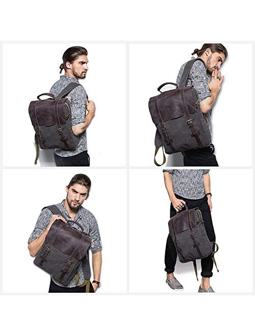 S-ZONE Vintage Canvas Leather Backpack 15.6 Inch Laptop School Bag Travel Rucksack