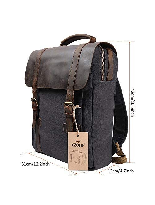 S-ZONE Vintage Canvas Leather Backpack 15.6 Inch Laptop School Bag Travel Rucksack