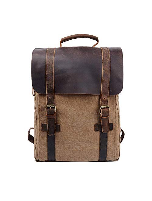 S-ZONE Vintage Canvas Leather Backpack 15.6 Inch Laptop School Bag Travel Rucksack