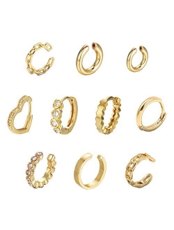 10pcs Ear Cuffs Gold No Piercing Fake Helix Classic Round Huggie Earrings Clip on Cartilage Ear Cuff Earring Set for Women Girls