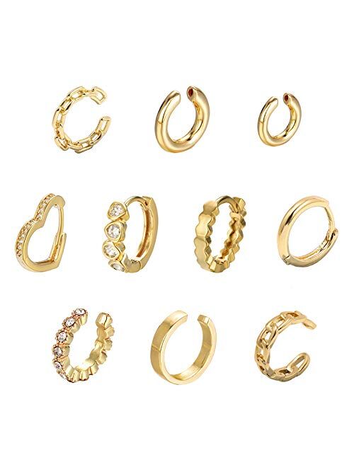 10pcs Ear Cuffs Gold No Piercing Fake Helix Classic Round Huggie Earrings Clip on Cartilage Ear Cuff Earring Set for Women Girls