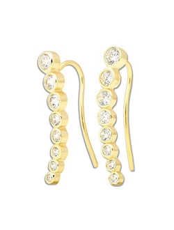 Sterling Silver 925 Gold/Rose Gold Bezel-set Zirconia Curved Bar Ear Climber Crawler Cuff Studs Hypoallergenic Earrings