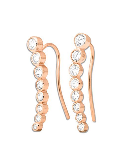 Sterling Silver 925 Gold/Rose Gold Bezel-set Zirconia Curved Bar Ear Climber Crawler Cuff Studs Hypoallergenic Earrings