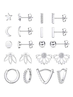 LOYALLOOK 10Pairs Stainless Steel Stud Earring Set Moon Star Bar Earrings Lotus Ear Jacket CZ Cuff Hoop Huggie Cartilage Earring for Women