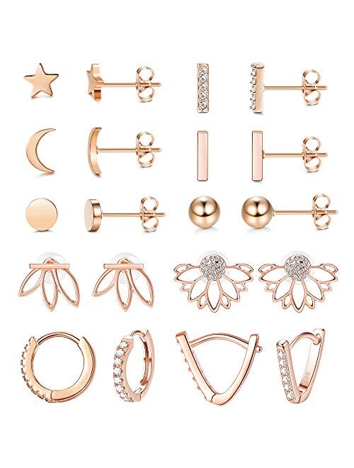 LOYALLOOK 10Pairs Stainless Steel Stud Earring Set Moon Star Bar Earrings Lotus Ear Jacket CZ Cuff Hoop Huggie Cartilage Earring for Women