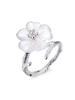 Lotus Fun 925 Sterling Silver Rings Flower in The Rain Open Crystal Ring Handmade Jewelry Unique Gift for Women and Girls