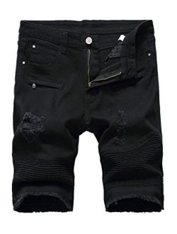 Kalanman Men's Fashion Summer Ripped Destroyed Distressed Short Jeans Straight Denim Shorts