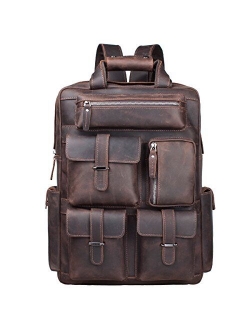 S-ZONE Men Vintage Genuine Leather Backpack Daypack Multi Pockets Travel Bag