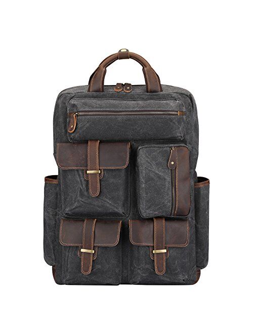 S-ZONE Men Vintage Genuine Leather Backpack Daypack Multi Pockets Travel Bag