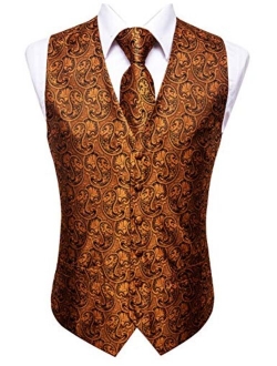 Dubulle Mens Paisley Tie and Vest Set with Pocket Square Cufflinks Waistcoat Suit for Tuxedo