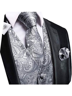 Dubulle Mens Paisley Tie and Vest Set with Pocket Square Cufflinks Waistcoat Suit for Tuxedo