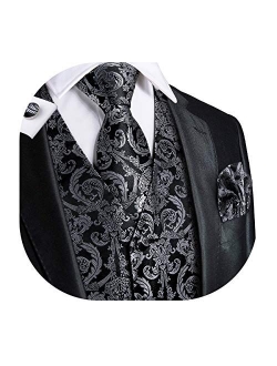 Dubulle Mens Paisley Tie and Vest Set with Pocket Square Cufflinks Waistcoat Suit for Tuxedo