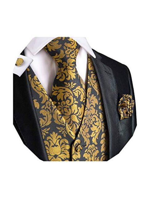 Dubulle Mens Paisley Tie and Vest Set with Pocket Square Cufflinks Waistcoat Suit for Tuxedo