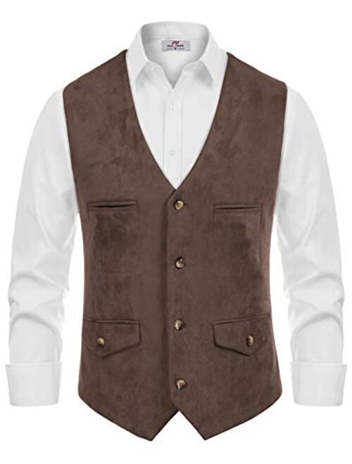 Paul Jones Men's Suede Leather Vest Casual Slim Fit Western Cowboy Waistcoat