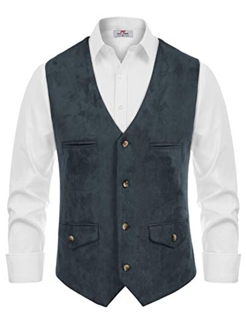 Paul Jones Men's Suede Leather Vest Casual Slim Fit Western Cowboy Waistcoat