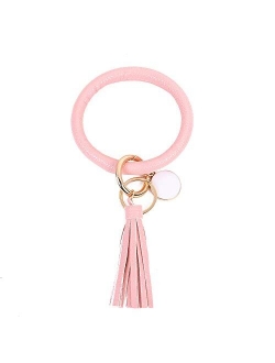 wristlet keychain bracelet, Leather Tassel Key Ring Keychain Bangle Circle Keyring Bracelets for Women and Girls