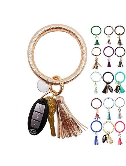 wristlet keychain bracelet, Leather Tassel Key Ring Keychain Bangle Circle Keyring Bracelets for Women and Girls