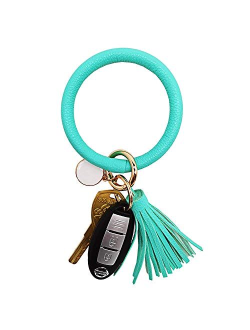 wristlet keychain bracelet, Leather Tassel Key Ring Keychain Bangle Circle Keyring Bracelets for Women and Girls