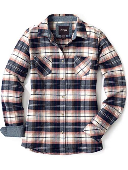 CQR Women's Plaid Flannel Shirt Long Sleeve, All-Cotton Soft Brushed Casual Button Down Shirts