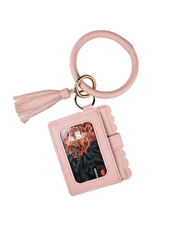 Multifunctional Wristlet Bracelet Keychain Wallet, ID Card Holder, PU Bangle Key Ring Card Purse Credit Card Pocket Tassel for Women