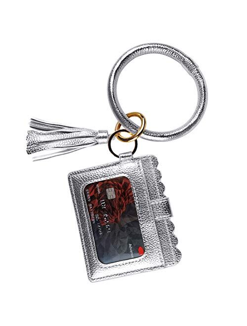 Multifunctional Wristlet Bracelet Keychain Wallet, ID Card Holder, PU Bangle Key Ring Card Purse Credit Card Pocket Tassel for Women