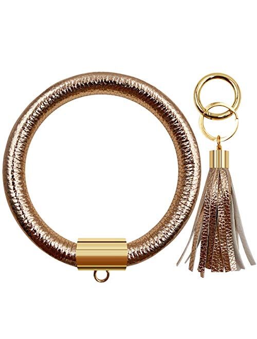 Diriway Key Ring Keychain Bracelets Wristlet Keychain Bangle Keyring Large Circle Leather Tassel Bracelet Holder For Women Gift