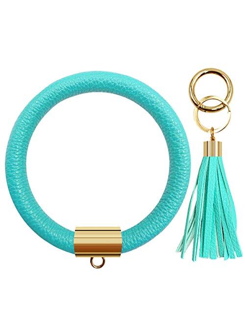 Diriway Key Ring Keychain Bracelets Wristlet Keychain Bangle Keyring Large Circle Leather Tassel Bracelet Holder For Women Gift