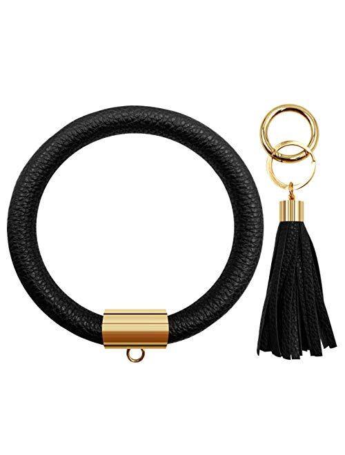 Diriway Key Ring Keychain Bracelets Wristlet Keychain Bangle Keyring Large Circle Leather Tassel Bracelet Holder For Women Gift