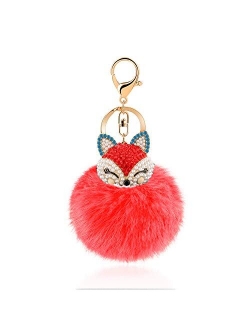 JOUDOO Rabbit Fur Ball Keychain with Rhinestone Fox Head Keyring