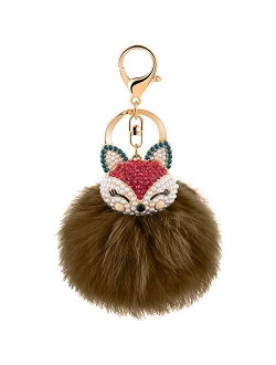 JOUDOO Rabbit Fur Ball Keychain with Rhinestone Fox Head Keyring