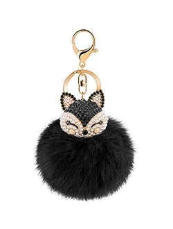 JOUDOO Rabbit Fur Ball Keychain with Rhinestone Fox Head Keyring